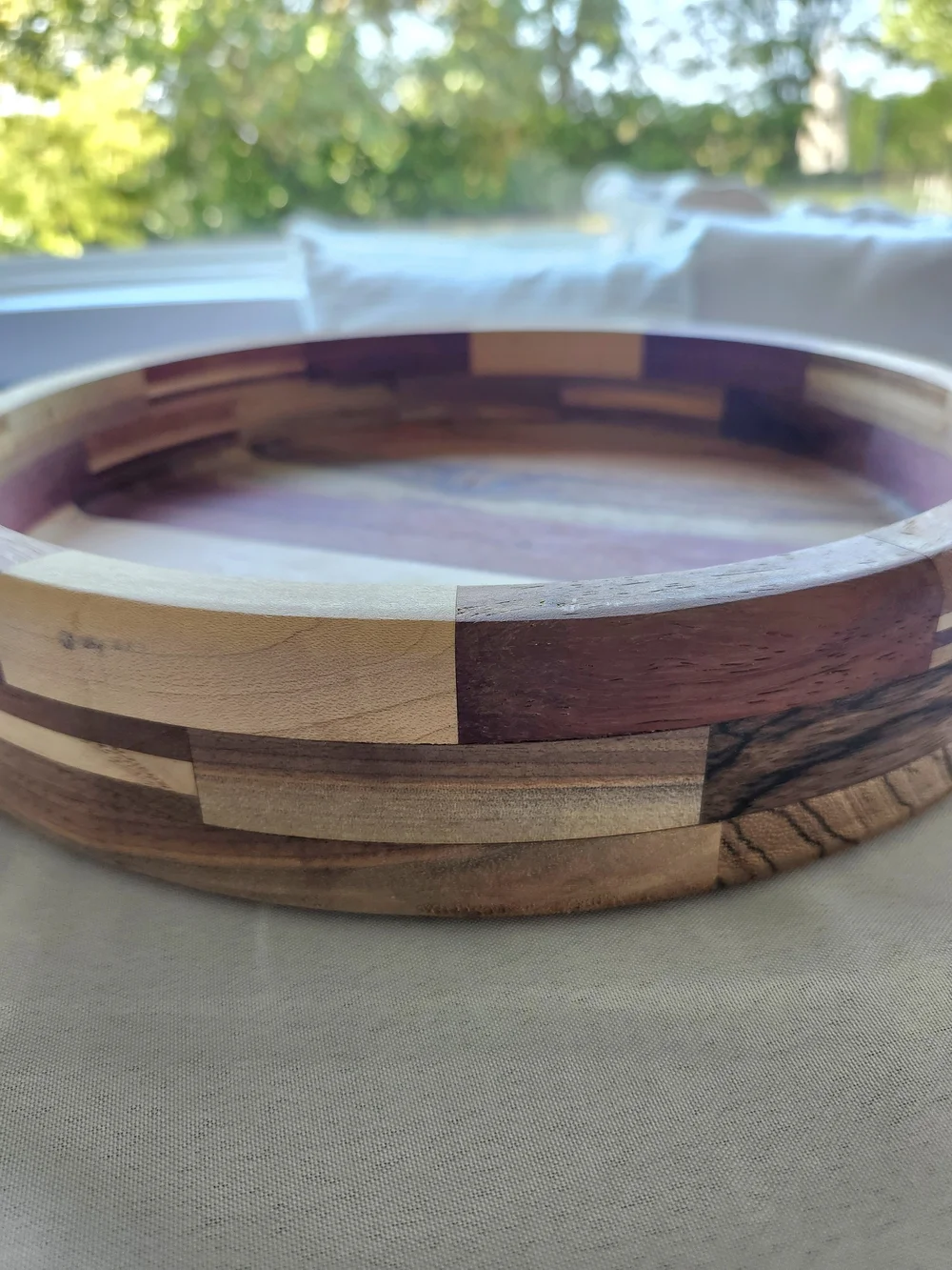 Handcrafted Multi-Wood Round Serving Tray - Natural Wood Tones